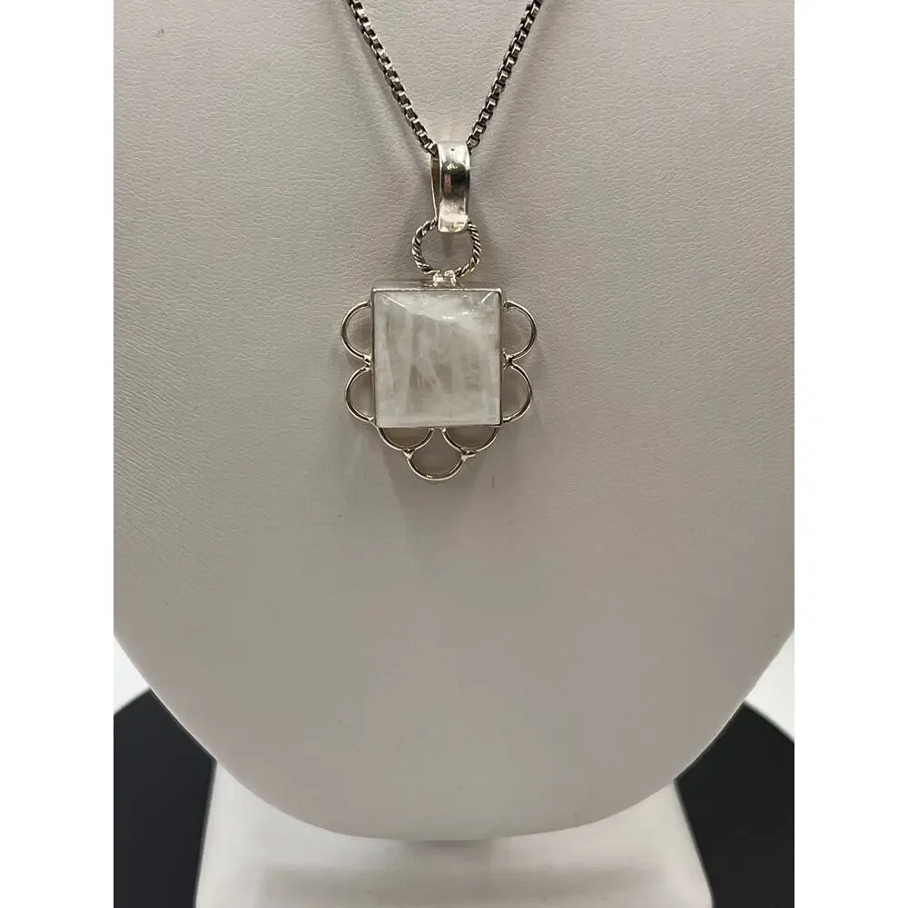 Sterling silver 925 Moonstone‎ Square Bezel Scroll Pendant Chain Necklace 16”